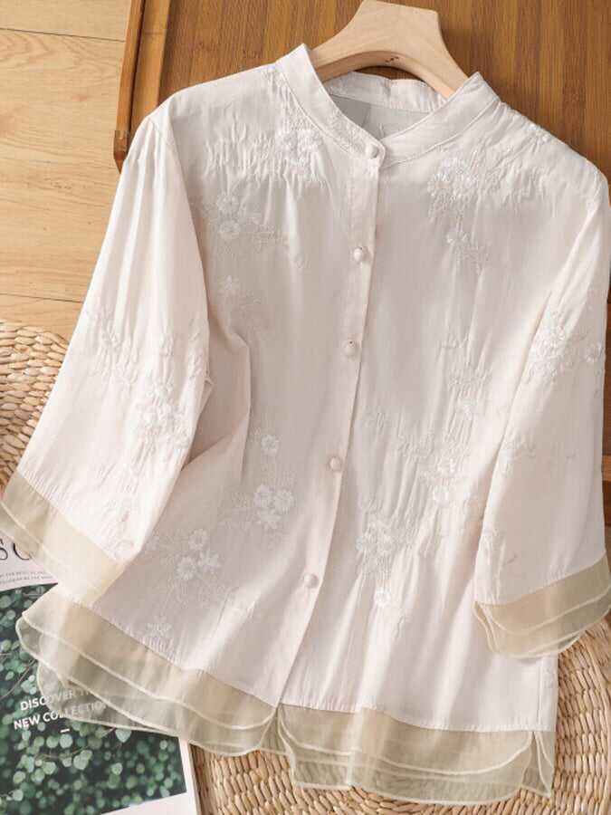 Art Retro Embroidery 3/4 Sleeve Patchwork Shirt