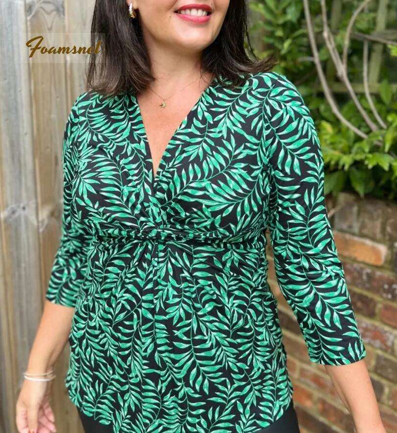 Green Leaf Print Twist Front Tunic Top