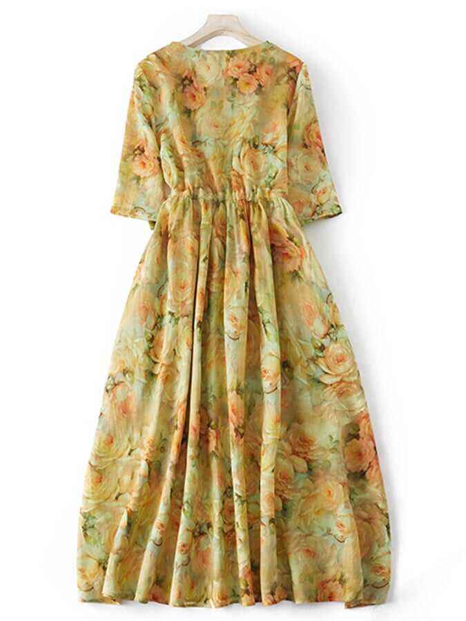 Cotton And Linen Printed Retro Art Waistband Dress