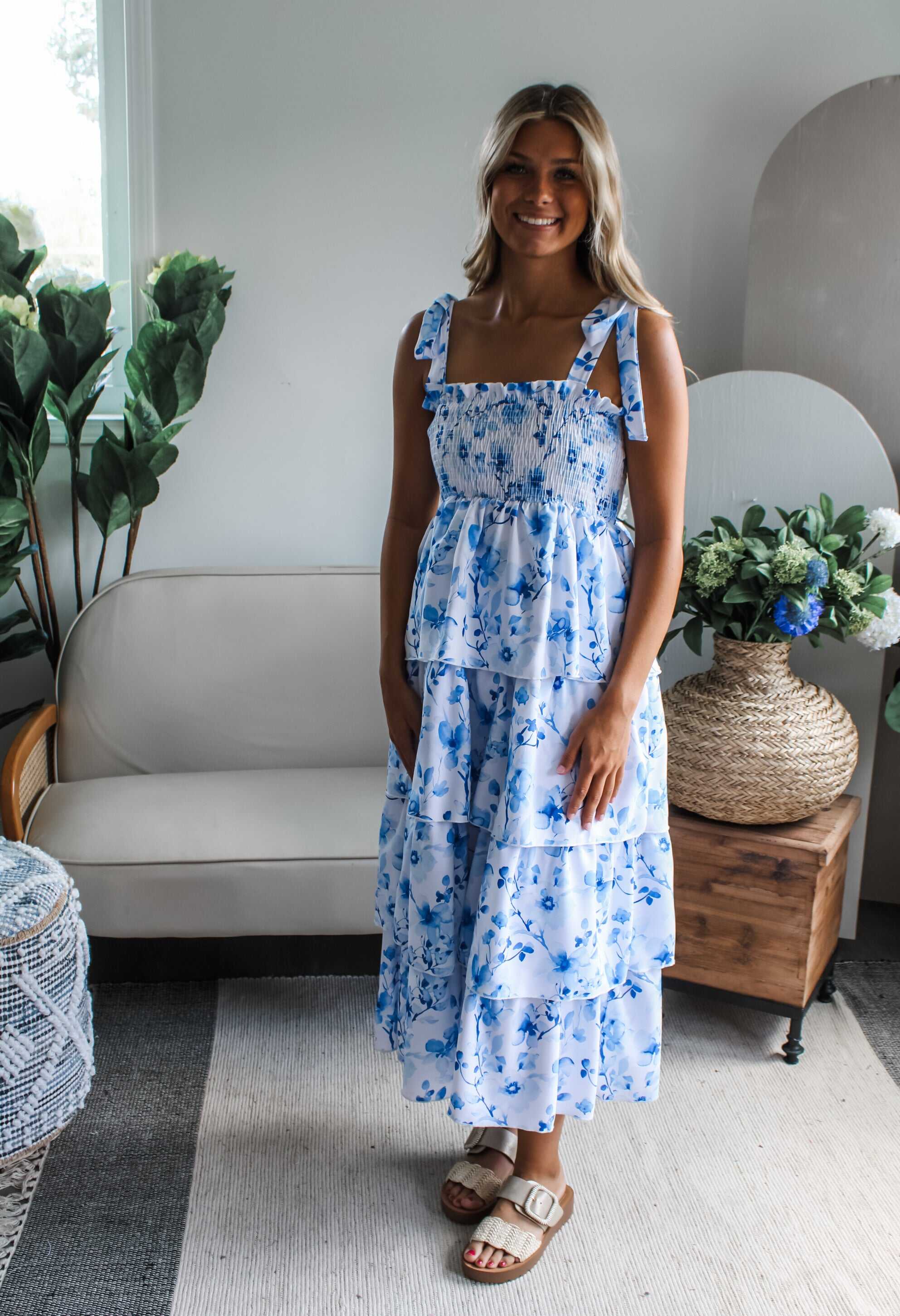 Smocked & Sweet Ruffle Dress • Blue Floral