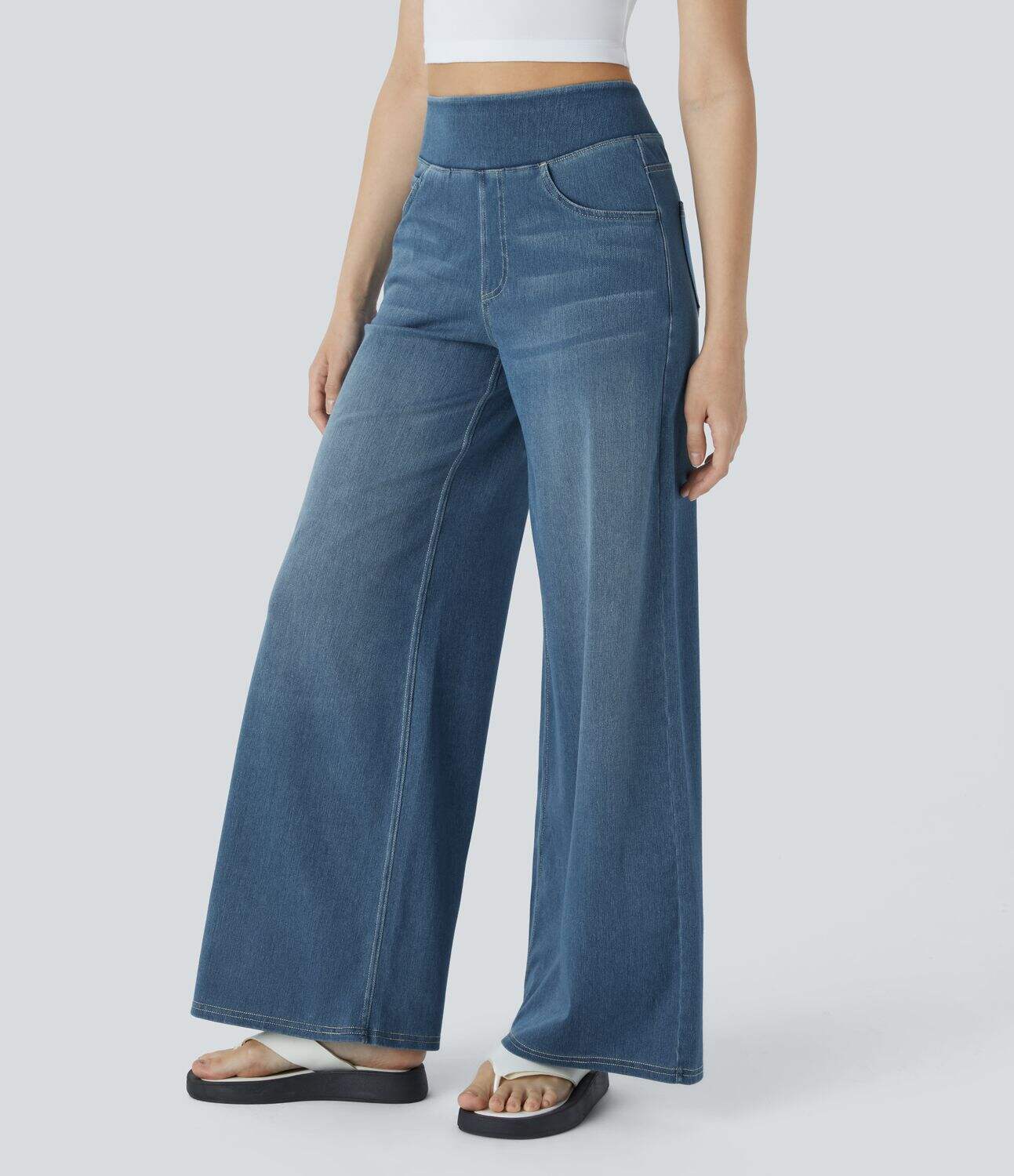 High Waisted Multiple Pockets Wide Leg Washed Stretchy Knit Casual Jeans