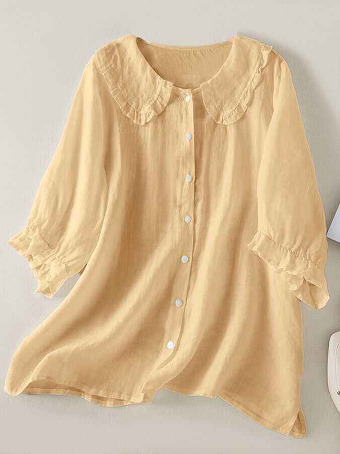 Cotton Linen Loose Peter Pan Ruffles Neck Shirt