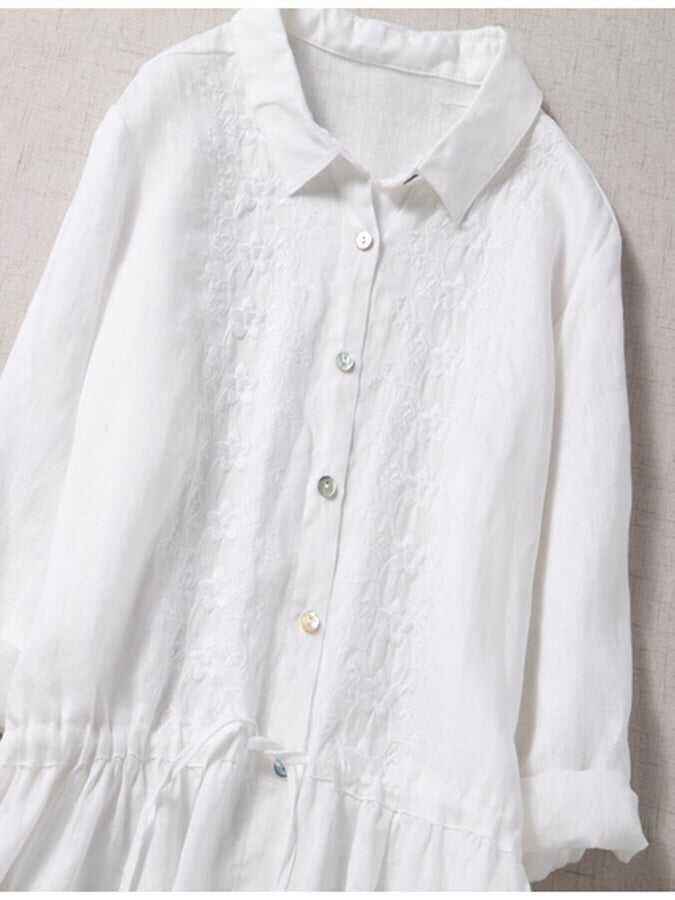 3/4 Sleeves Cotton Linen Loose And Slim Embroidered Dress
