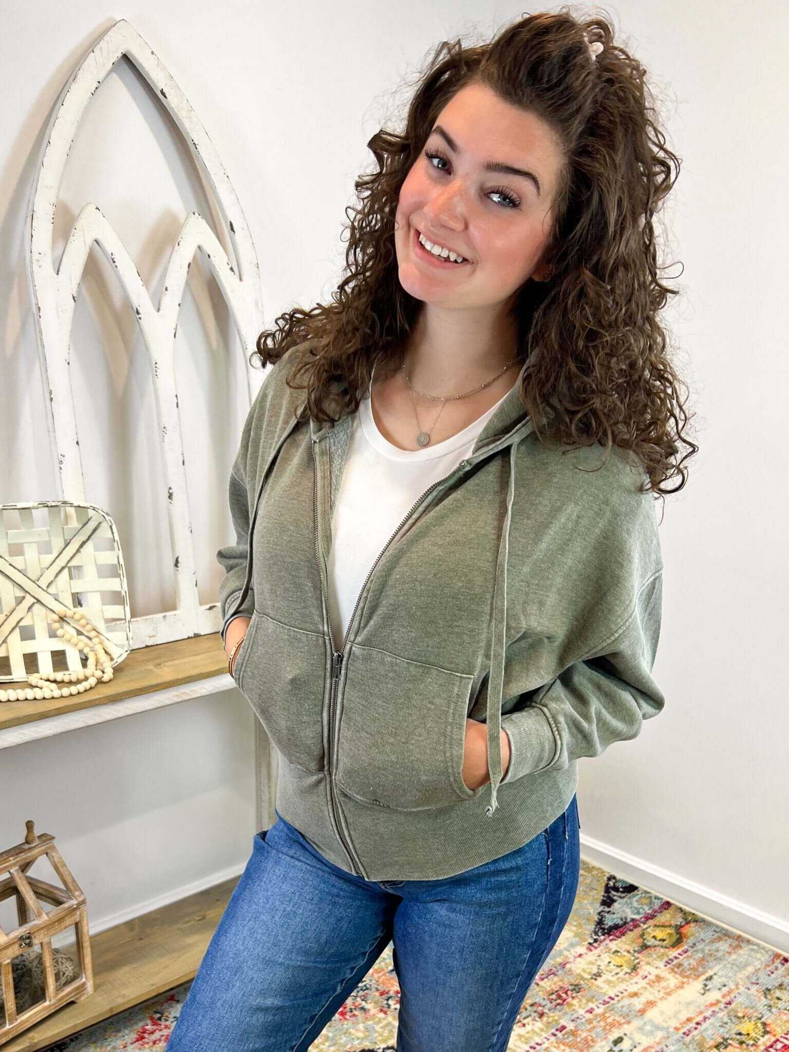 Valley Girl Fleece Zip-up Sweatshirt with Hood - Ivy Green