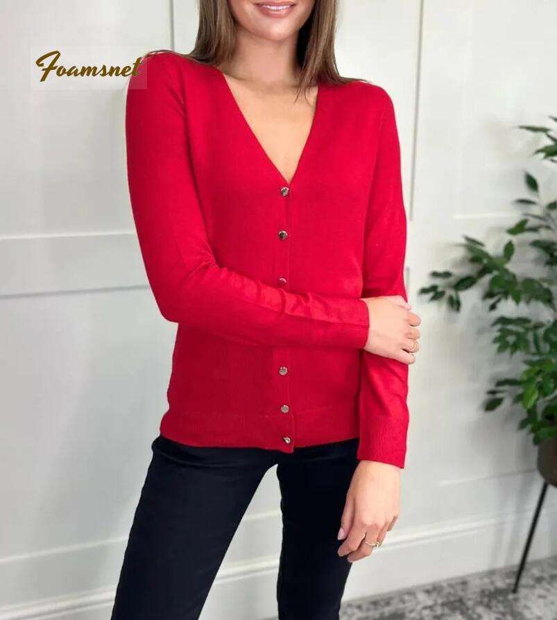 Red V Neck Button Cardigan