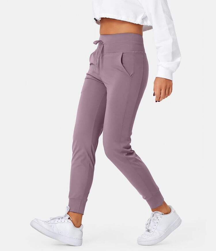 Airy High Waisted Drawstring Side Pocket Plain Cool Touch Full Length Joggers-UPF50+