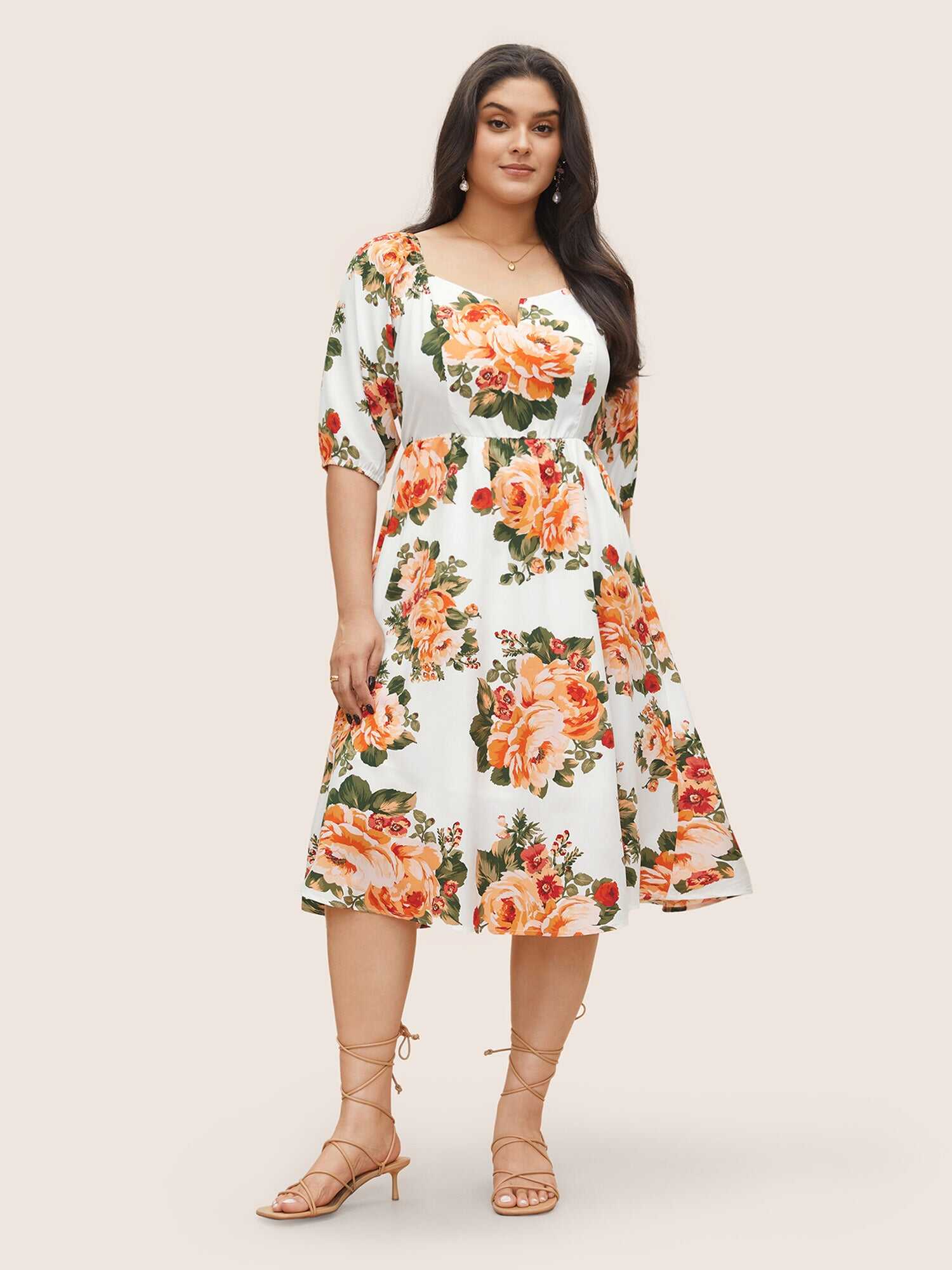 Floral Print Notched Elastic Cuffs Dress