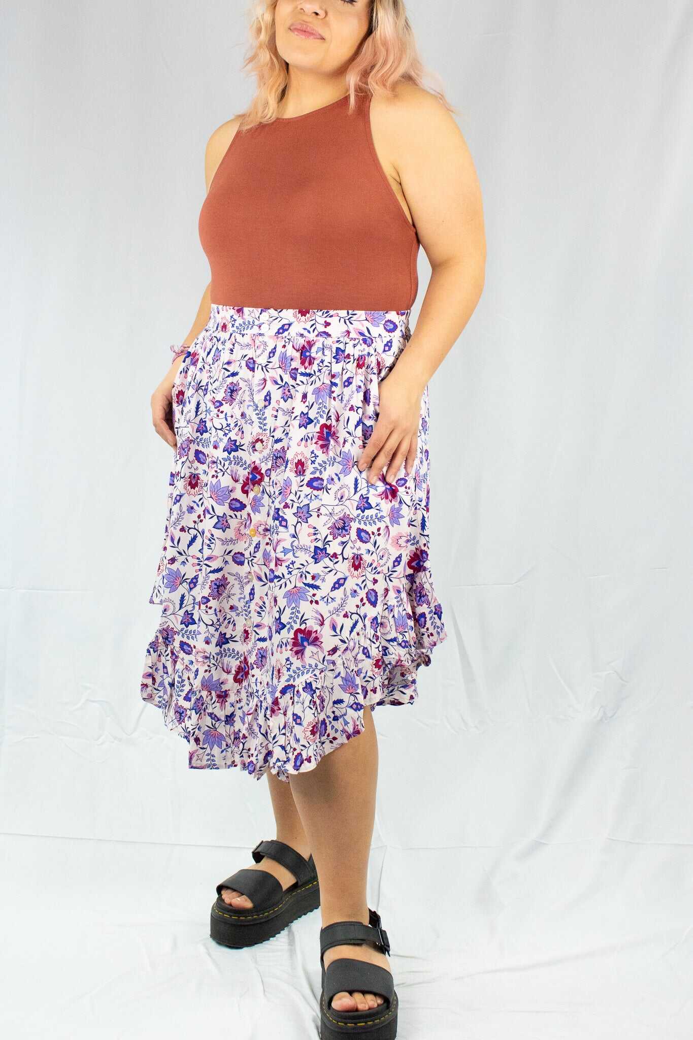 Floral Ruffle Button Up Midi Skirt - SALE