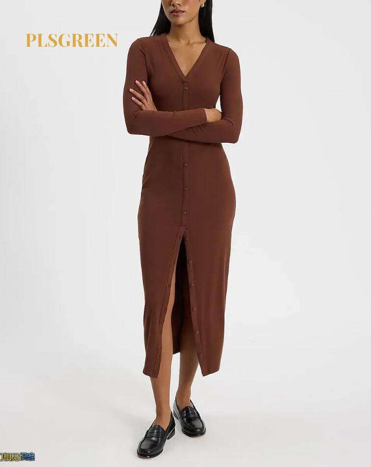 Ribbed Knit Long Sleeve Button Down Midi Dress