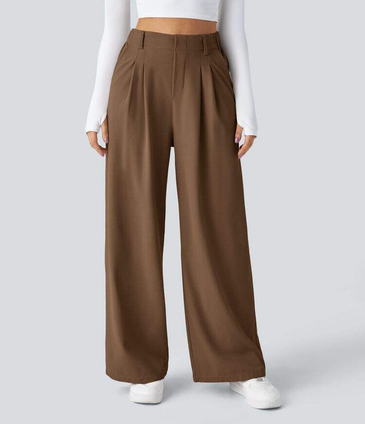 High Waisted Plicated Side Pocket Wide Leg Waffle Work Pants