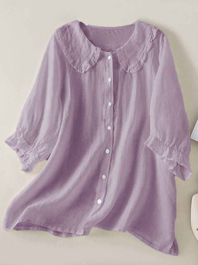 Cotton Linen Loose Peter Pan Ruffles Neck Shirt