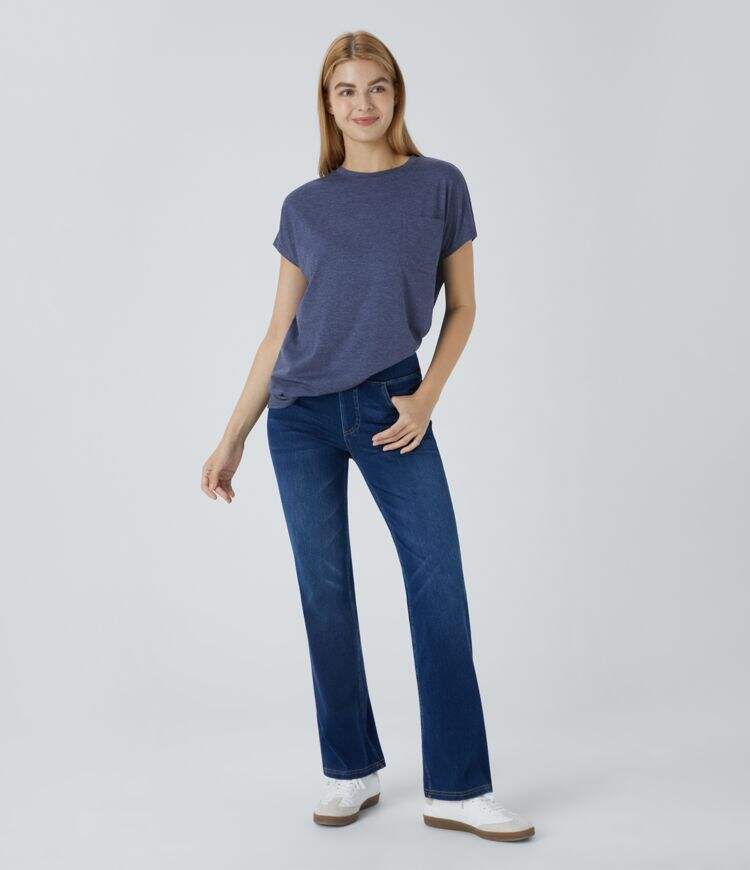 Round Neck Chest Pocket Split Hem Relax Casual T-Shirt