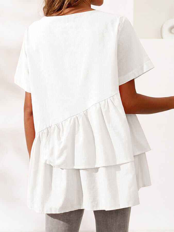 Cotton And Linen Irregular Hem Short-sleeved Casual Top