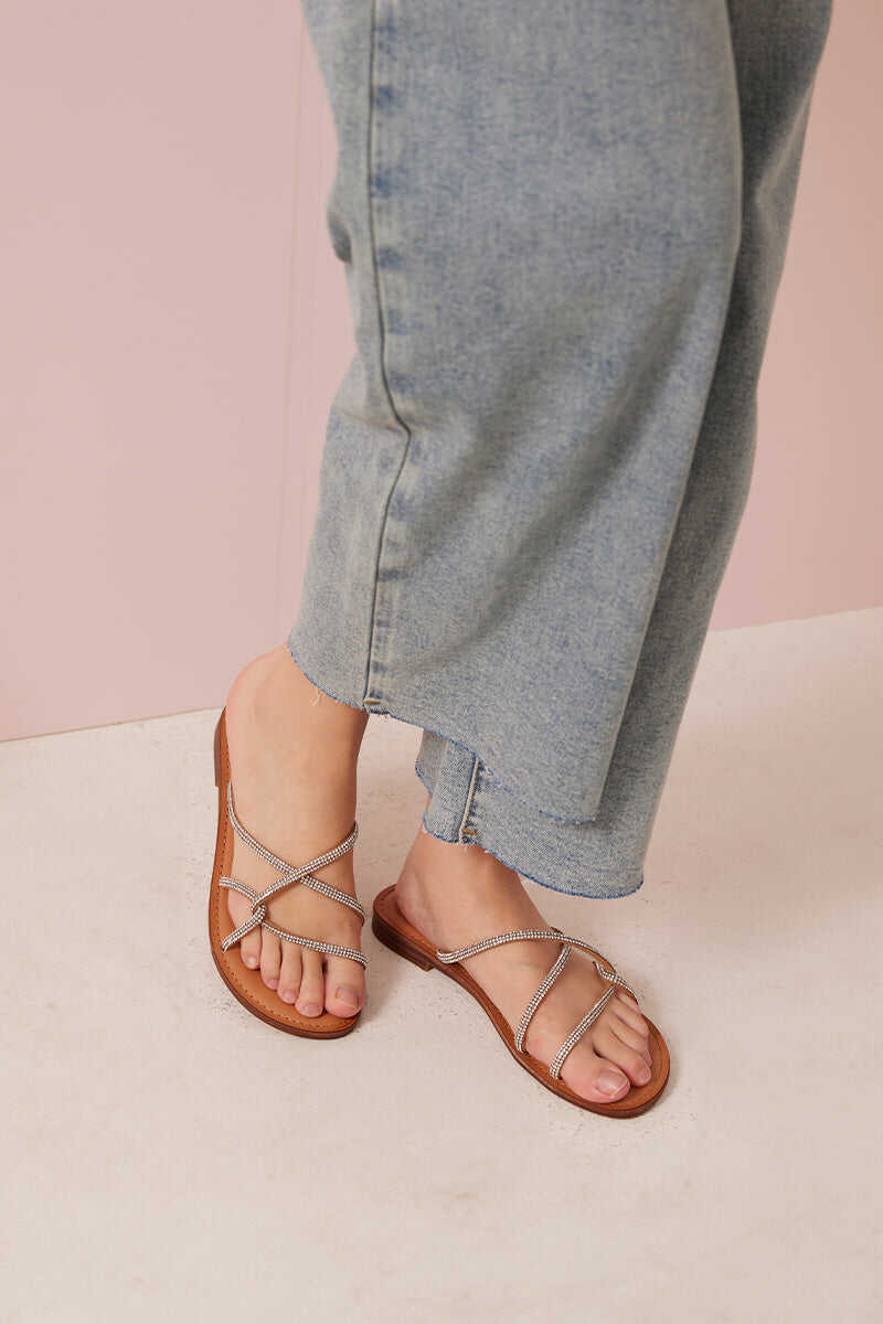 Crystal Strappy Sliders in Sepia
