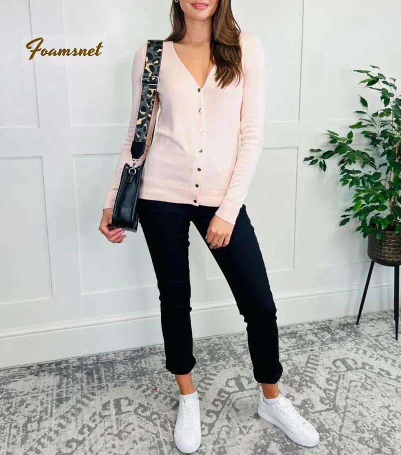 Pale Pink V Neck Button Cardigan