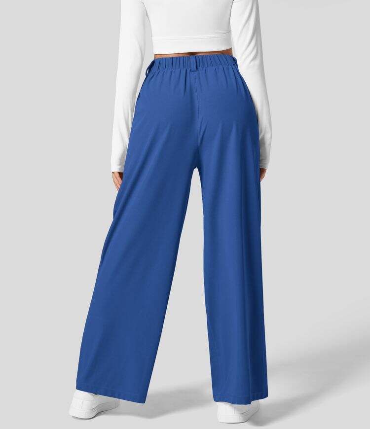 High Waisted Plicated Side Pocket Wide Leg Waffle Work Pants