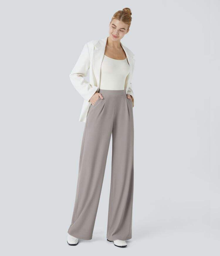 Ha High Waisted Body Sculpt Waist-Slimming Side Pocket Wide Leg Micro Waffle Work Pants