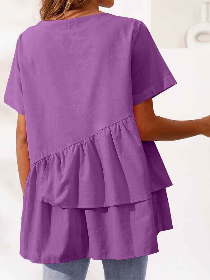 Cotton And Linen Irregular Hem Short-sleeved Casual Top