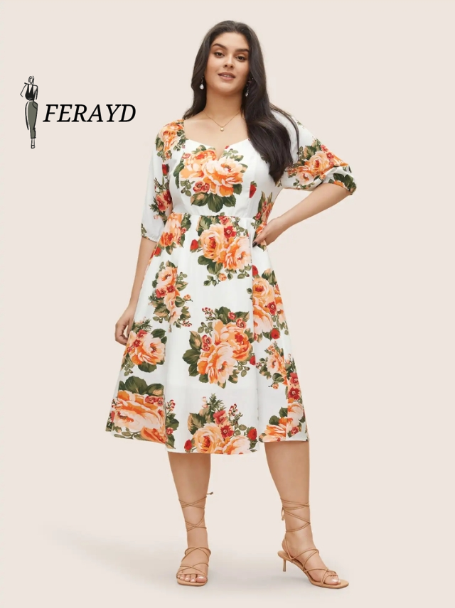 Floral Print Notched Elastic Cuffs Dress