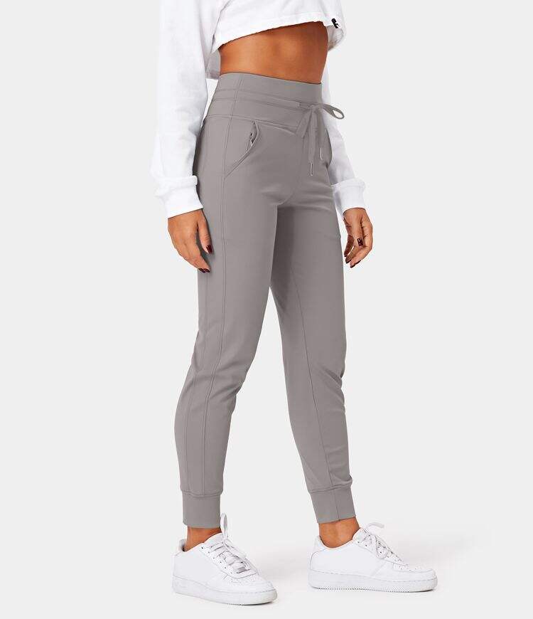 Airy High Waisted Drawstring Side Pocket Plain Cool Touch Full Length Joggers-UPF50+