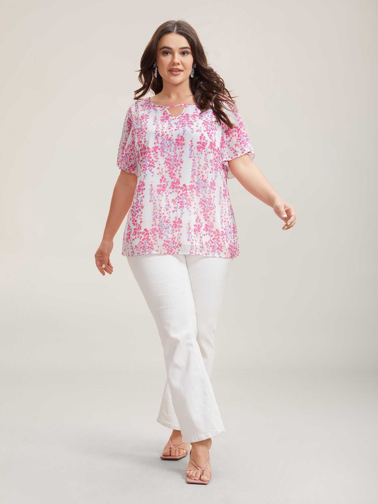 Floral Neck Cut-Out Flutter Sleeve Shirt