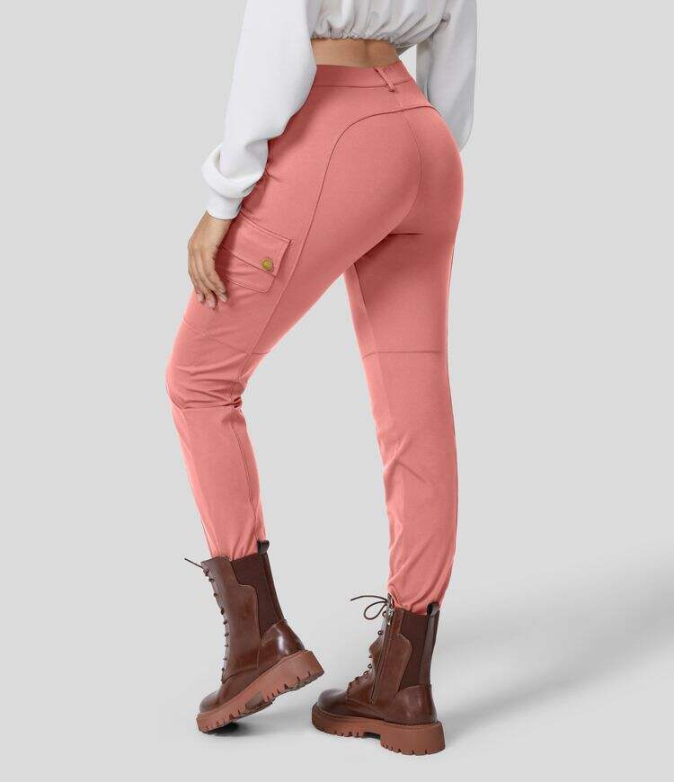 High Waisted Button Zipper Multiple Pockets Solid Skinny Hiking Cargo Pants