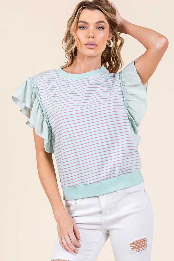 Mint and Pink Stripe Ruffle Sleeve Top FINAL SALE