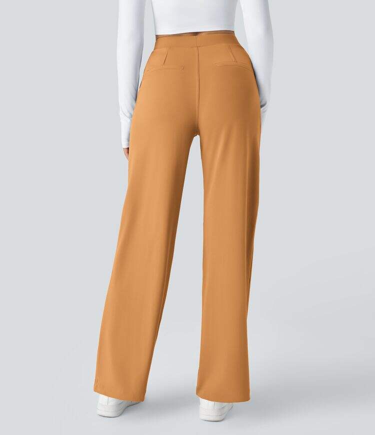 High Waisted Plicated Side Pocket Straight Leg Work Pants