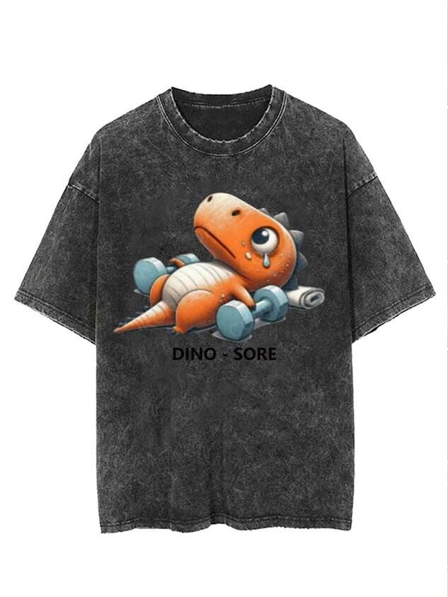 🦖 Funny Dinosaur Fitness Print Washed T-Shirt