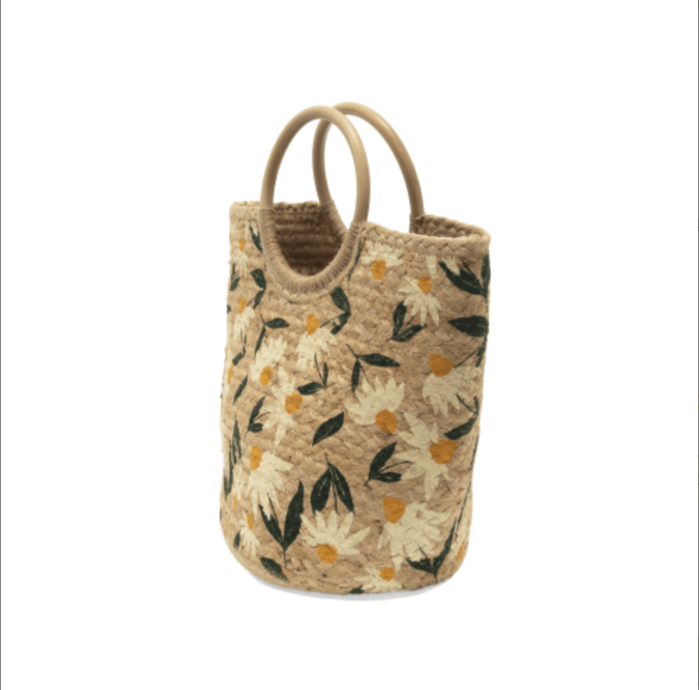 Daisy Painted Alani Jute Circle Wood Handle Tote Bag