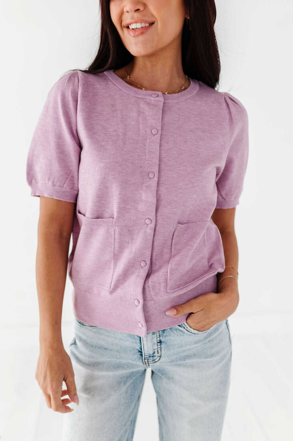 Betty Short Sleeve Cardigan in Blush - Size XL Left