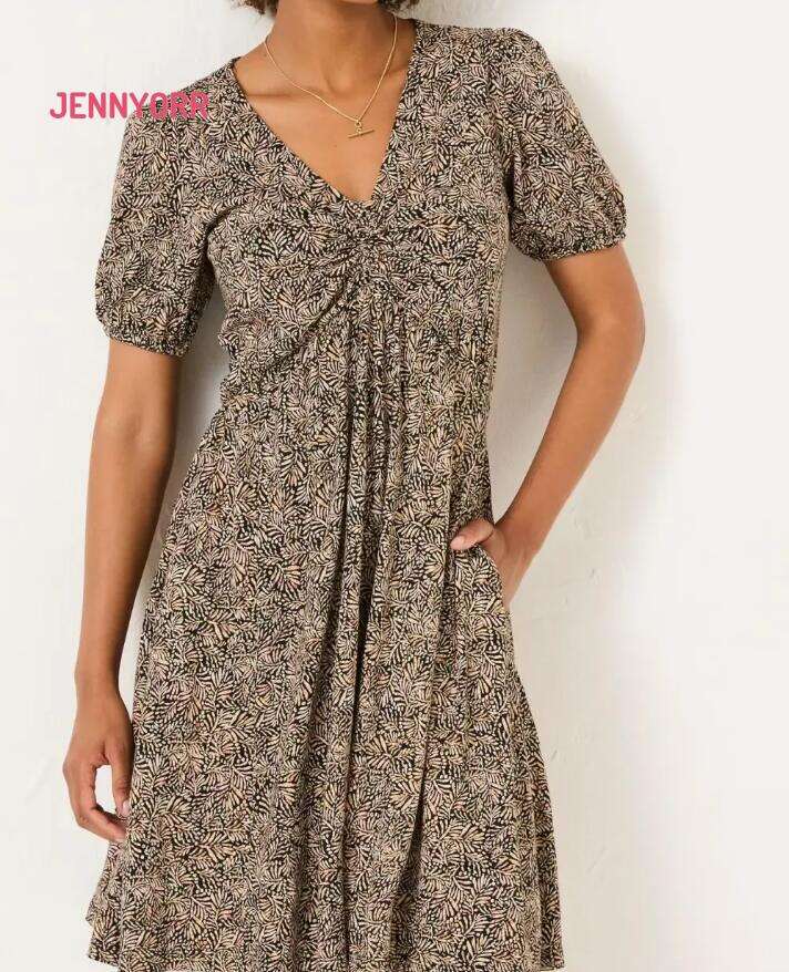 Nell Black Leaf Short Sleeve V-Neck Midi Dress