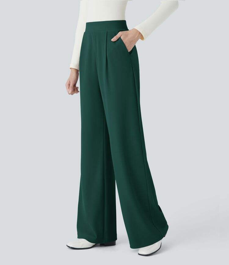 Ha High Waisted Body Sculpt Waist-Slimming Side Pocket Wide Leg Micro Waffle Work Pants