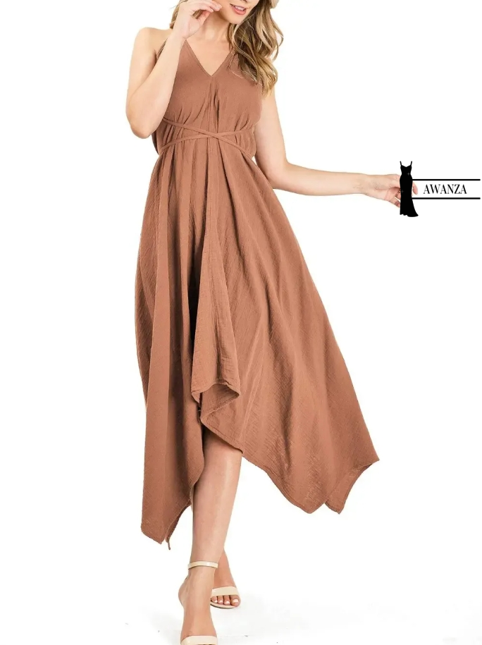 Taupe Asymmetric Midi Dress