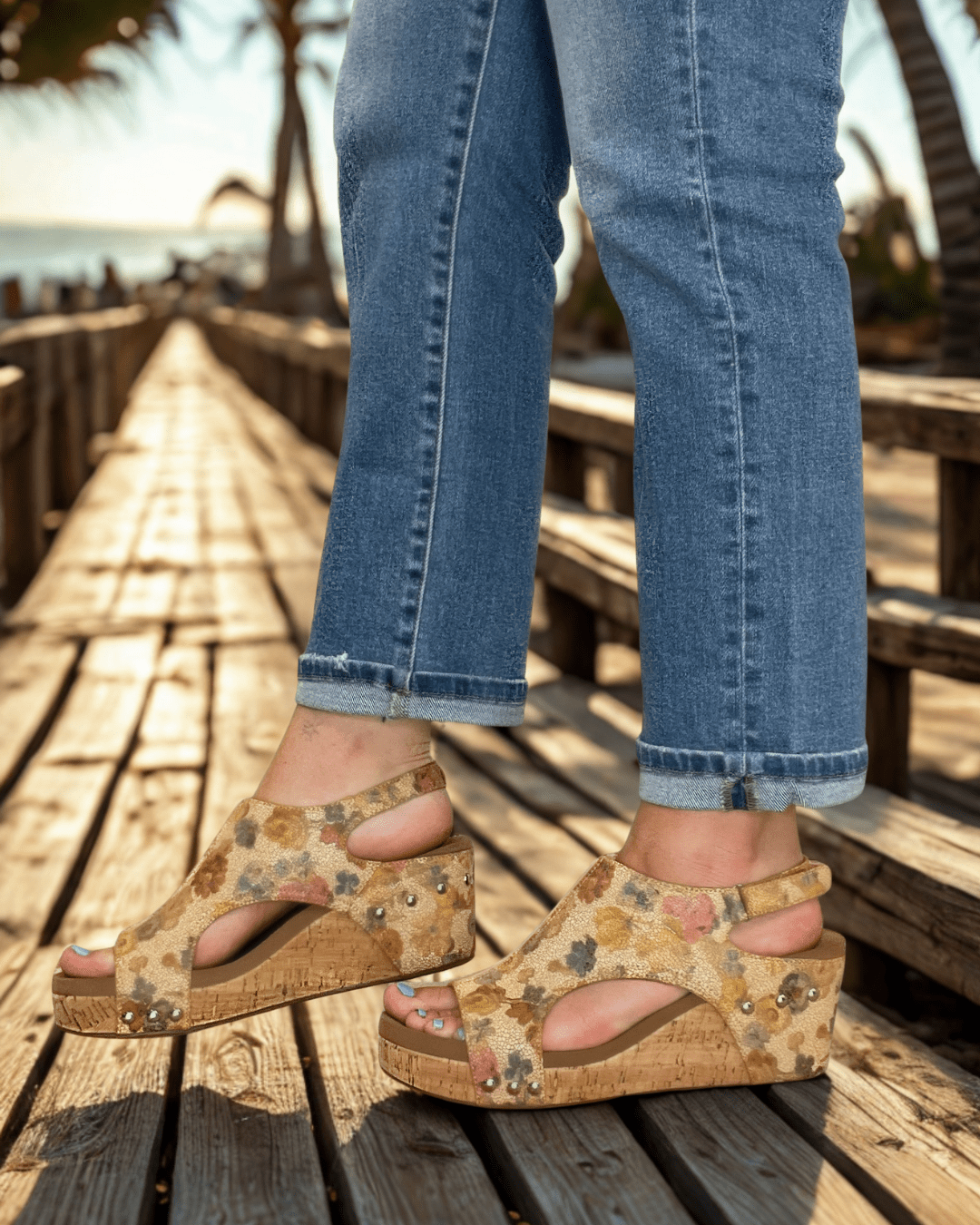 Corkys Footwear Carley Wedge Sandal - Camel Washed Flower
