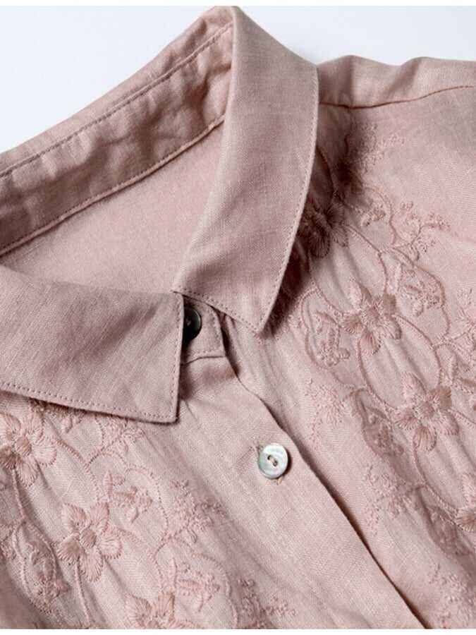 3/4 Sleeves Cotton Linen Loose And Slim Embroidered Dress