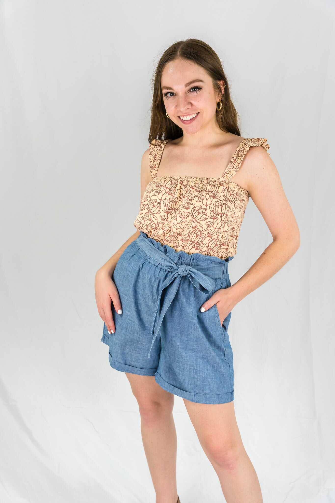 Paperbag Cuffed Chambray Shorts - SALE