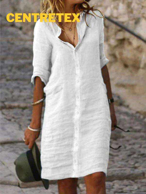 Lapel Buttoned Solid Color Cotton & linen Shirt Dress