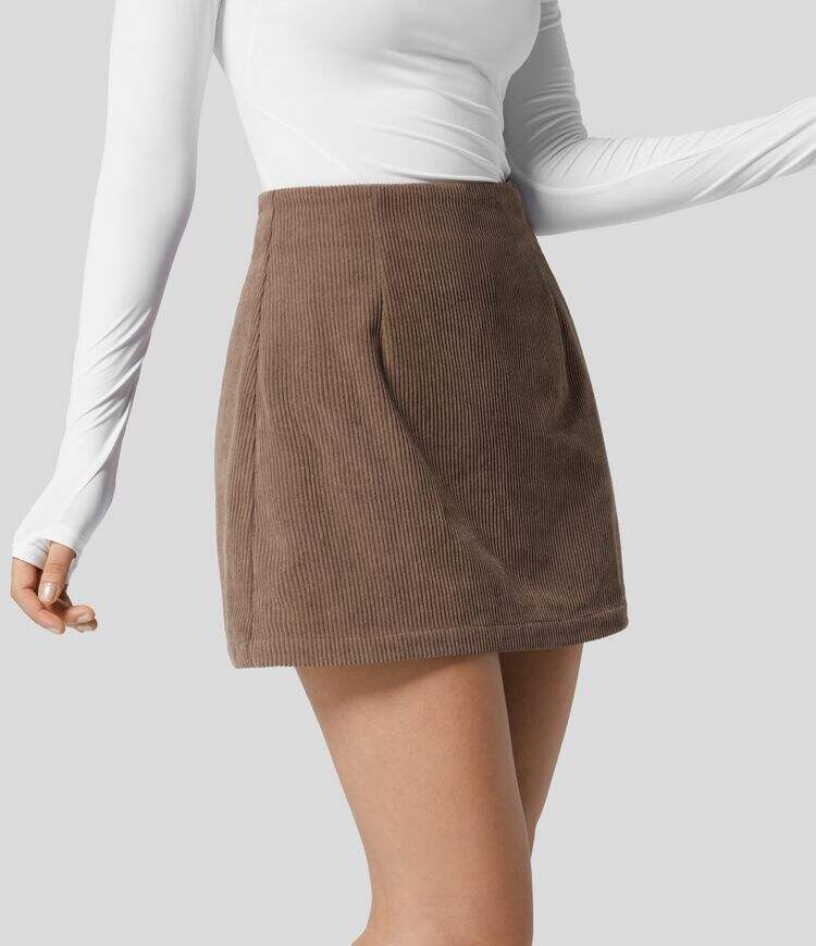 High Waisted Invisible Zipper 2-in-1 A Line Mini Corduroy Casual Skirt
