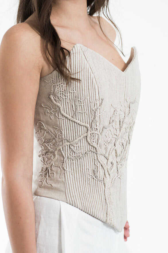 Linen corset with embroidery - Sand beige