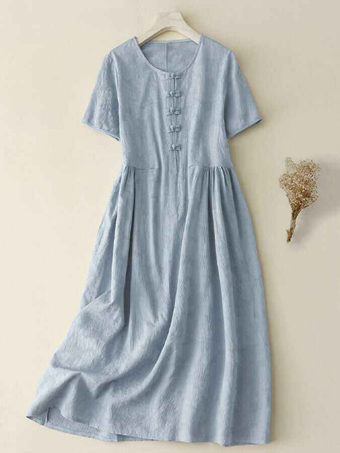 Ethnic Style Jacquard Retro Button Loose Cotton Linen Dress