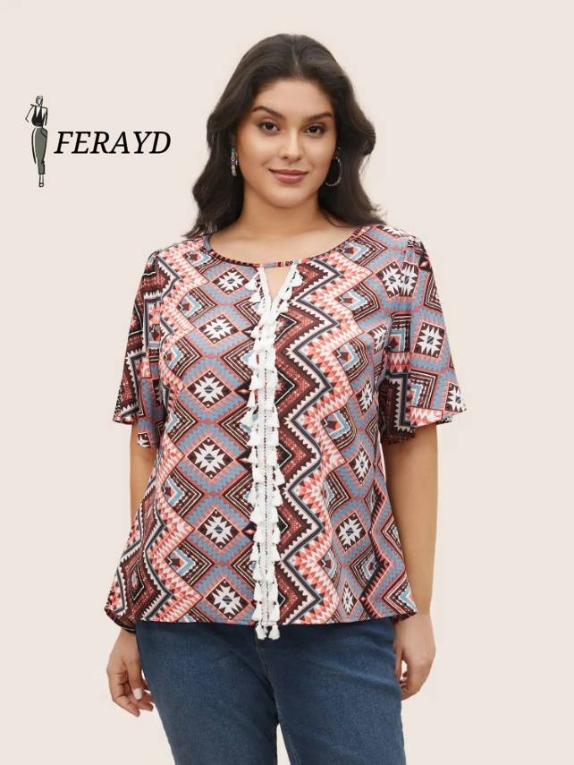 Bandana Keyhole Tassels Lace trim Blouse