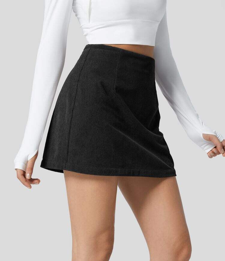 High Waisted Invisible Zipper 2-in-1 A Line Mini Corduroy Casual Skirt
