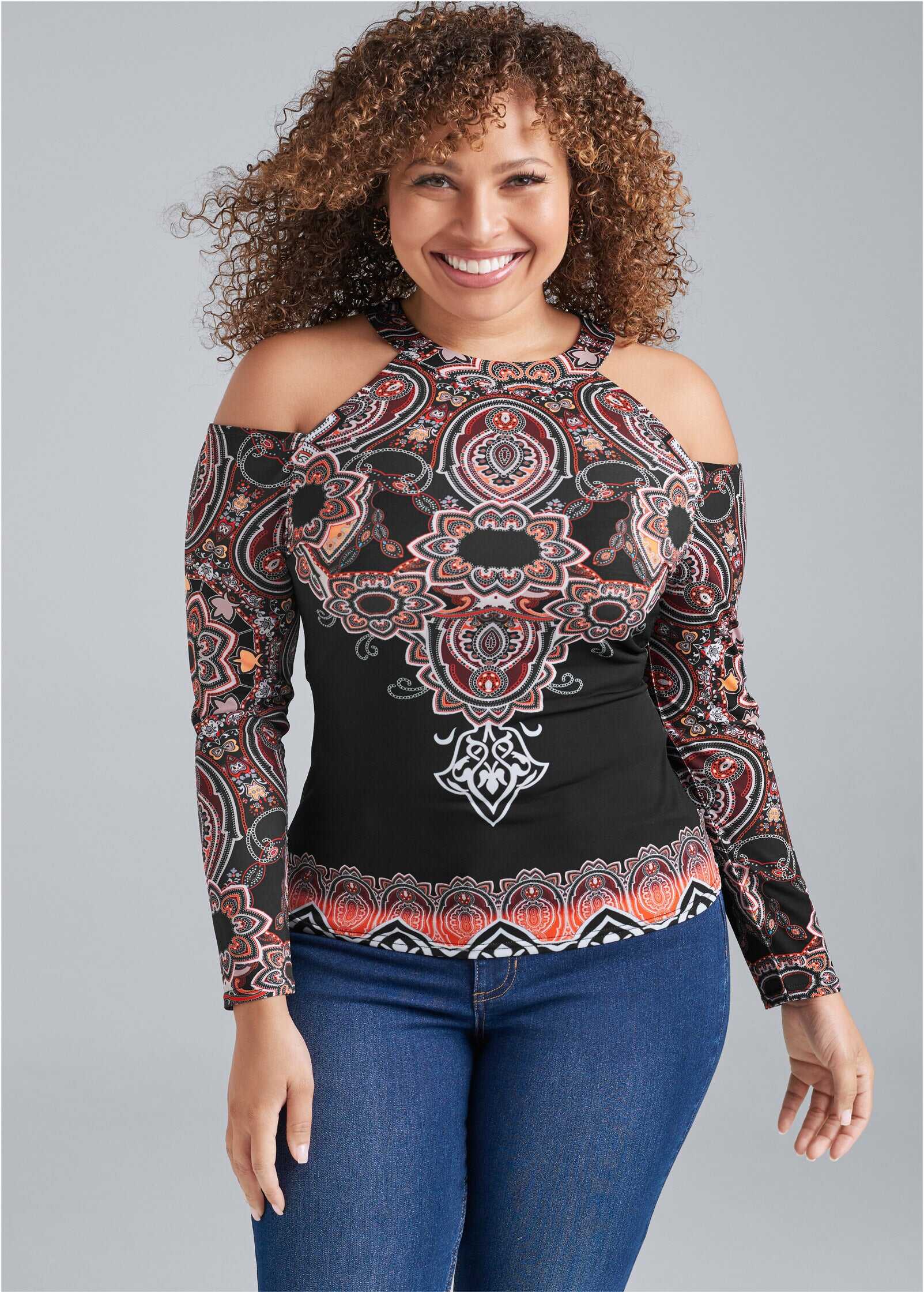 Paisley Cold-Shoulder Top - Black Multi