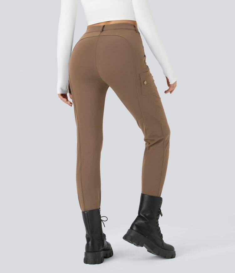 High Waisted Button Zipper Multiple Pockets Solid Skinny Hiking Cargo Pants