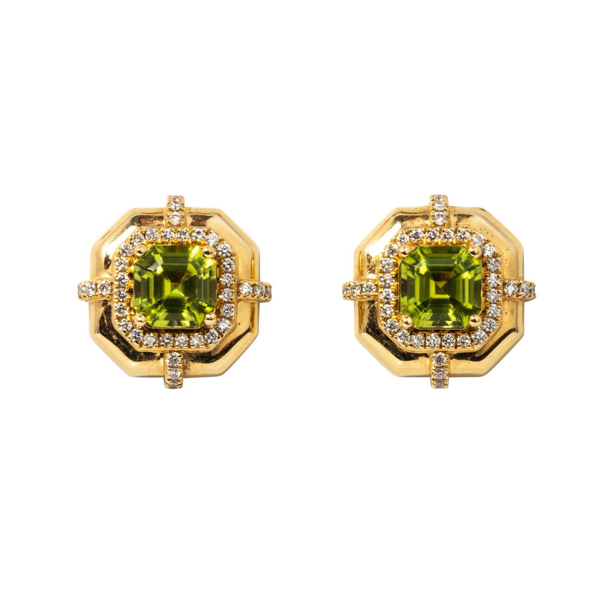 Goshwara Asscher-Cut Peridot & Diamond 18K Yellow Gold Stud Earrings
