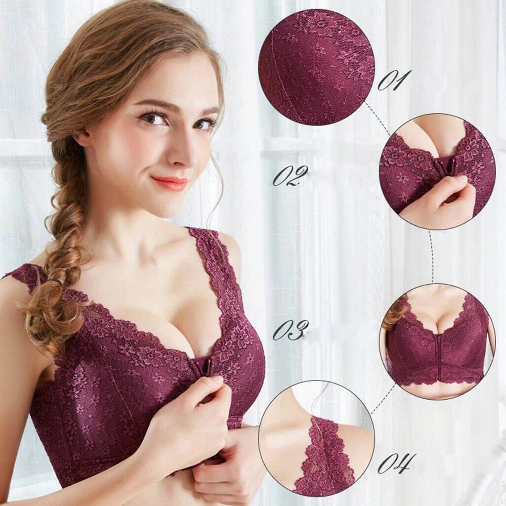 Plus Size Front Zipper Push Up Wireless Lace Bra Sinarey 7986