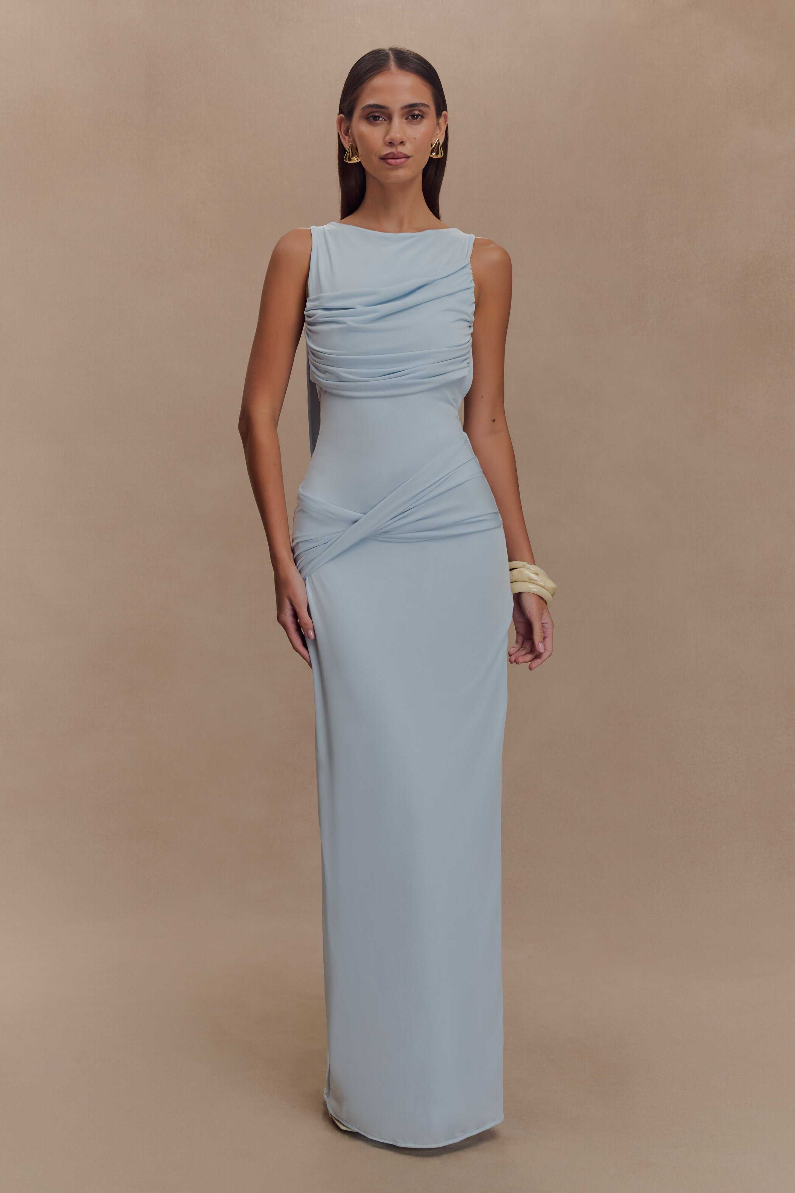 Solid Gathering Split Maxi Dress