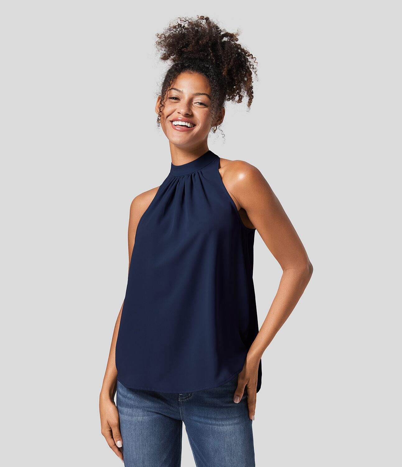 Keyhole Back Halter Plicated Sleeveless Curved Hem Work Blouse