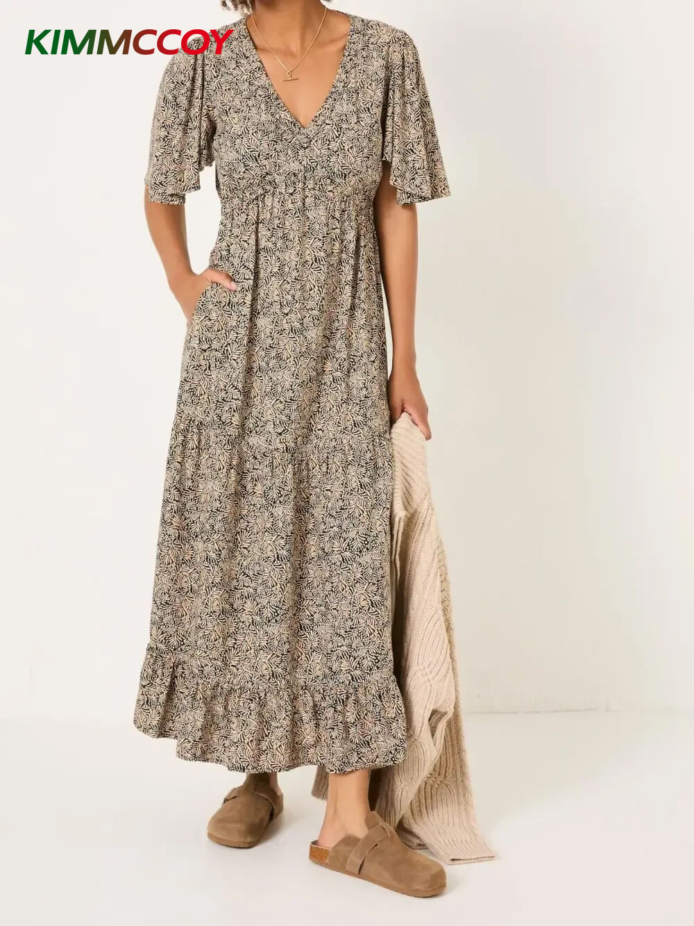 Black Floral Waist Tie Midi Dress